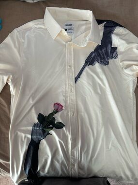 Shell Corp Cream Long-Sleeve Dress Shirt with Black & Pink Graphic